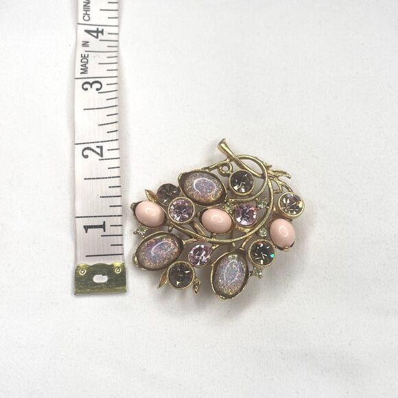 Rare Vintage Graziano Stamped Pink Iridescent Rhinestone Gold Tone Floral Brooch - Picture 5 of 6